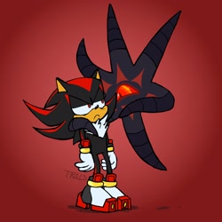 Size: 2048x2048 | Tagged: safe, artist:tr4l3_, black doom, shadow the hedgehog, 2024, arm around shoulders, doom's eye, father and son, frown, gradient background, looking at each other, signature, solo