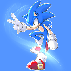 Size: 780x780 | Tagged: safe, artist:genesishero, sonic the hedgehog, 2024, blue background, looking offscreen, outline, simple background, smile, solo, standing on one leg, v sign
