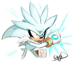 Size: 1575x1429 | Tagged: safe, artist:gigid_sonic, silver the hedgehog, 2024, clenched fist, clenched teeth, looking offscreen, signature, simple background, solo, standing, white background