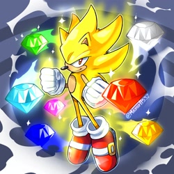 Size: 2048x2048 | Tagged: safe, artist:maxart1537, sonic the hedgehog, super sonic, 2024, abstract background, chaos emerald, clenched fists, flying, looking at viewer, looking up, looking up at viewer, smile, solo, sparkles, super form