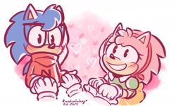 Size: 1910x1152 | Tagged: safe, artist:randomgalaxy101, amy rose, nicky, sonic the hedgehog, amy x nicky, amy x sonic, holding hands, shipping, straight