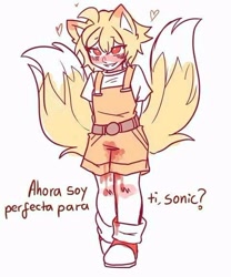 Size: 480x577 | Tagged: safe, artist:marindividuo, miles "tails" prower, human, 2023, blood, blushing, blushing ears, clothes, dialogue, fox ears, fox tail, hands behind back, heart, humanized, implied sonic, looking offscreen, overalls, red eyes, simple background, solo, spanish text, standing, trans female, transgender, white background, yandere
