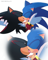 Size: 2048x2560 | Tagged: safe, artist:nenemyun, shadow the hedgehog, sonic the hedgehog, 2024, duo, eyes closed, french kiss, gay, holding each other, kiss, shadow x sonic, shipping, signature, simple background, white background
