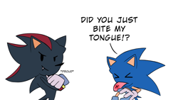 Size: 2048x1152 | Tagged: safe, artist:nenemyun, shadow the hedgehog, sonic the hedgehog, 2024, arms folded, cute, dialogue, duo, english text, eyes closed, gay, injured, looking at viewer, one fang, shadow x sonic, shadowbetes, shipping, simple background, smile, sonabetes, standing, tongue out, white background