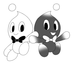 Size: 1059x922 | Tagged: safe, artist:mrneedlem0use, cheese (chao), chocola (chao), chao, black and white, duo, inktober, looking at viewer, neutral chao, siblings, simple background, smile, white background