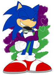 Size: 900x1257 | Tagged: safe, artist:mrneedlem0use, sonic the hedgehog, ace, aromantic, aromantic pride, asexual pride, badge, blushing, eyes closed, hands on hips, heart, smile, solo, standing, sweater
