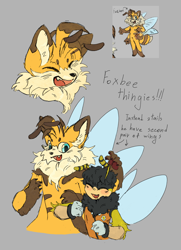 Size: 2048x2832 | Tagged: safe, artist:yu-melon, charmy bee, miles "tails" prower, bee, fox, hybrid, cute, duo, english text, foxbee, grey background, reference inset, simple background, smile, species swap