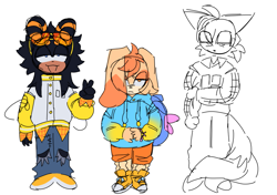 Size: 1123x792 | Tagged: safe, artist:foolnamedjoey, charmy bee, cream the rabbit, miles "tails" prower, 2024, alternate universe, ear over one eye, looking at viewer, older, simple background, sketch, standing, trio, white background