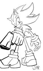 Size: 1861x3072 | Tagged: safe, artist:rosesmetal, shadow the hedgehog, clenched teeth, gun, holding something, line art, looking at viewer, redraw, shadow the hedgehog (video game), signature, simple background, solo, white background