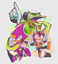 Size: 2048x2253 | Tagged: safe, artist:geckkoo, charmy bee, espio the chameleon, vector the crocodile, double v sign, grey background, looking at viewer, outline, simple background, team chaotix, trio