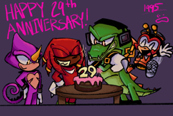Size: 1800x1200 | Tagged: safe, artist:zippityzapzop, charmy bee, espio the chameleon, knuckles the echidna, vector the crocodile, anniversary, cake, candle, english text, flapping wings, flying, group, purple background, simple background, smile, sparkles, standing, team chaotix, top surgery scars, trans male, transgender