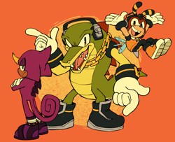 Size: 2048x1661 | Tagged: safe, artist:teamdarkdaily, charmy bee, espio the chameleon, vector the crocodile, frown, looking at viewer, orange background, simple background, smile, team chaotix, trio