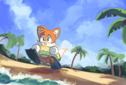 Size: 1860x1252 | Tagged: safe, artist:a5tros, miles "tails" prower, abstract background, beach, clouds, cute, daytime, looking ahead, mouth open, outdoors, palm tree, running, smile, solo, swimming flippers, swimming tube, tailabetes, water