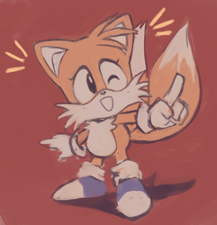 Size: 1122x1164 | Tagged: safe, artist:a5tros, miles "tails" prower, blue shoes, cute, eyelashes, mouth open, one eye closed, red background, simple background, smile, solo, standing, tailabetes