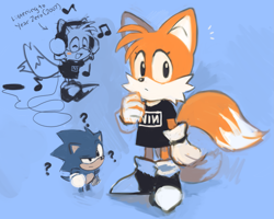 Size: 1791x1431 | Tagged: safe, artist:a5tros, miles "tails" prower, sonic the hedgehog, black shoes, branded clothes, clothes, cute, duo, english text, headphones, listening to music, looking at them, looking at viewer, musical note, nin, question mark, shirt, smile, solo focus, standing, tailabetes