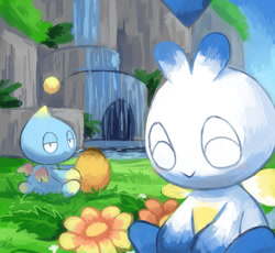 Size: 642x590 | Tagged: safe, artist:0503090, chao, :<, :>, abstract background, blushing, chao garden, chaobetes, cute, daytime, duo, eyes closed, flower, frown, fruit, grass, hero chao, holding something, lidded eyes, looking at them, neutral chao, sitting, smile, waterfall