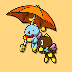 Size: 1000x1000 | Tagged: safe, artist:rahkshichao, cheese (chao), chocola (chao), chao, 2021, cheeseabetes, chocolabetes, cute, duo, holding something, neutral chao, simple background, smile, umbrella, yellow background