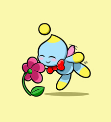 Size: 750x825 | Tagged: safe, artist:rahkshichao, cheese (chao), chao, 2020, blushing, cheeseabetes, cute, eyes closed, flapping wings, flower, flying, neutral chao, signature, simple background, smile, solo, yellow background