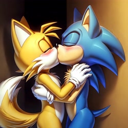 Size: 4096x4096 | Tagged: safe, ai art, artist:frosting.ai, miles "tails" prower, sonic the hedgehog, abstract background, blushing, chest fluff, duo, eyes closed, gay, holding each other, kiss, shipping, sonic x tails, standing