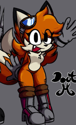 Size: 345x569 | Tagged: dead source, safe, artist:reviefan, miles "tails" prower, boots, eye clipping through hair, gender swap, goggles, goggles on head, grey background, looking at viewer, one fang, signature, simple background, standing, waving