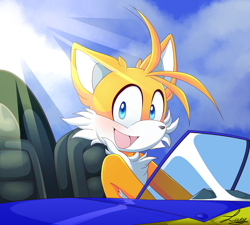 Size: 2000x1800 | Tagged: safe, artist:blushylittlelucy, miles "tails" prower, 2019, abstract background, clouds, daytime, looking at viewer, mouth open, outdoors, redraw, smile, solo, sonic x, sun, tornado ii