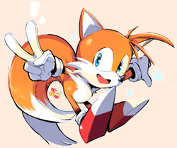 Size: 1300x1089 | Tagged: safe, artist:sanikink, miles "tails" prower, 2021, cute, mouth open, redraw, signature, simple background, smile, star (symbol), v sign