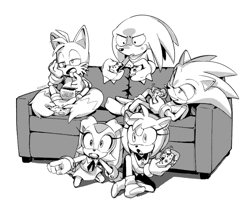Size: 1188x1001 | Tagged: safe, artist:kiioki11, amy rose, cream the rabbit, knuckles the echidna, miles "tails" prower, sonic the hedgehog, playing videogame