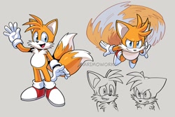 Size: 1288x859 | Tagged: safe, artist:scourgefrontier, miles "tails" prower, 2024, angry, clenched teeth, flying, grey background, simple background, smile, solo, spinning tails, sweatdrop, watermark, waving
