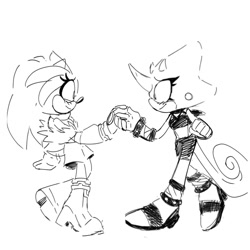 Size: 1280x1280 | Tagged: safe, artist:luminous3190, espio the chameleon, silver the hedgehog, 2024, clothes, duo, gender swap, holding hands, lesbian, line art, looking at each other, r63 shipping, shipping, silvio, simple background, smile, standing, white background