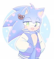 Size: 1852x2048 | Tagged: safe, artist:kazuna_endi, sonic the hedgehog, 2024, clothes, cute, hair pin, hands in pocket, heart, jacket, lidded eyes, looking at viewer, mouth open, smile, solo, sonabetes, sparkles, standing