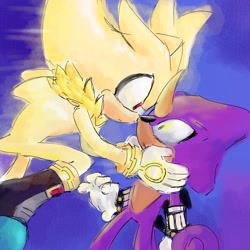 Size: 1280x1280 | Tagged: safe, artist:luminous3190, espio the chameleon, silver the hedgehog, 2024, duo, flying, frown, gay, gradient background, hand on another's face, looking at each other, shipping, silvio, standing, super form, super silver
