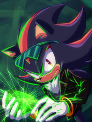 Size: 1536x2048 | Tagged: safe, artist:kazeki_art, shadow the hedgehog, 2024, alternate version, chaos emerald, clothes, frown, holding something, jacket, looking at viewer, solo, standing, sunglasses
