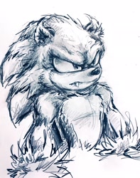 Size: 1610x2048 | Tagged: safe, artist:curly_quills, sonic the hedgehog, 2024, frown, looking offscreen, movie style, one fang, solo, sonic the werehog, traditional media, were form, werehog