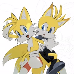Size: 2048x2048 | Tagged: safe, artist:tokiwa757, miles "tails" prower, nine, sonic prime, 2024, duo, frown, looking at viewer, mouth open, self paradox, simple background, smile, white background
