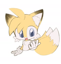 Size: 1920x2004 | Tagged: safe, artist:foxesdofly, miles "tails" prower, 2024, chibi, cute, looking at viewer, mouth open, one fang, simple background, smile, solo, tailabetes, white background