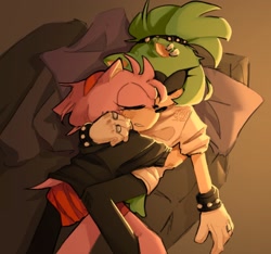 Size: 1666x1558 | Tagged: safe, artist:sharks3ye, amy rose, surge the tenrec, 2024, abstract background, blushing, couch, duo, eyes closed, indoors, lesbian, lying down, lying on them, pillow, shipping, sleeping, snuggling, surgamy