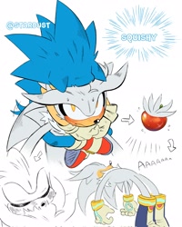 Size: 1638x2048 | Tagged: safe, artist:stardust_sth, silver the hedgehog, sonic the hedgehog, 2024, blushing, duo, english text, flying, frown, gay, holding them, looking at them, shipping, signature, simple background, sonilver, sweatdrop, wagging tail, white background