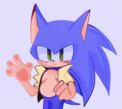 Size: 1524x1366 | Tagged: safe, artist:emenens, sonic the hedgehog, 2024, blushing, clothes, cute, gloves off, jacket, looking offscreen, pawpads, purple background, simple background, smile, solo, sonabetes, standing, top surgery scars, trans male, transgender, waving