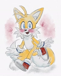 Size: 1658x2048 | Tagged: safe, artist:snkfl2, miles "tails" prower, 2024, blushing, fangs, looking at viewer, mouth open, running, signature, smile, solo