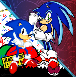 Size: 888x900 | Tagged: safe, artist:darealmew21, artist:shibipaffu, sonic the hedgehog, 2024, abstract background, classic sonic, classic style, duo, looking at viewer, self paradox, smile, soap shoes, standing, uekawa style