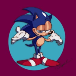 Size: 1280x1280 | Tagged: safe, artist:jorginator64, sonic the hedgehog, 2024, lidded eyes, looking at viewer, purple background, shrugging, simple background, smile, solo