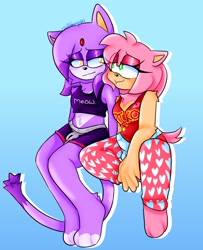 Size: 1250x1536 | Tagged: safe, artist:_mil0stearip0ff, amy rose, blaze the cat, cat, hedgehog, 2024, amy x blaze, cute, female, females only, lesbian, looking at each other, shipping