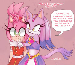 Size: 1024x890 | Tagged: safe, artist:yamimana, amy rose, blaze the cat, cat, hedgehog, 2018, amy x blaze, cute, english text, female, females only, hearts, lesbian, personality swap, shipping, speech bubble