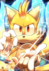 Size: 1421x2048 | Tagged: dead source, safe, artist:thatbirdguy_, miles "tails" prower, super tails, alternate super form, frown, kitsune, looking at viewer, signature, solo, super form
