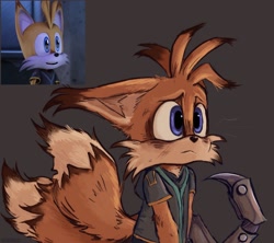 Size: 1929x1716 | Tagged: safe, artist:newt-moss, miles "tails" prower, nine, sonic prime, 2023, cute, grey background, looking offscreen, reference inset, simple background, solo