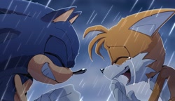 Size: 2048x1181 | Tagged: dead source, safe, artist:thatbirdguy_, miles "tails" prower, sonic the hedgehog, crying, duo, eyes closed, gradient background, mouth open, outdoors, rain, smile, tears, tears of happiness