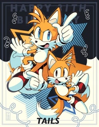 Size: 1604x2048 | Tagged: dead source, safe, artist:thatbirdguy_, miles "tails" prower, abstract background, character name, classic tails, duo, looking at viewer, modern tails, mouth open, pointing, self paradox, smile, star (symbol)