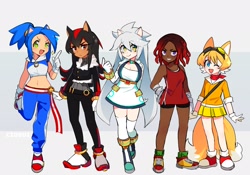 Size: 2048x1431 | Tagged: safe, artist:ciosuii, knuckles the echidna, miles "tails" prower, shadow the hedgehog, silver the hedgehog, sonic the hedgehog, human, 2023, frown, gender swap, group, humanized, looking at viewer, smile, standing, wink