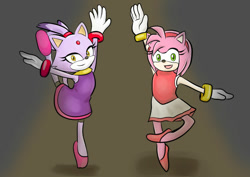 Size: 842x595 | Tagged: safe, artist:xxlpanda, amy rose, blaze the cat, cat, hedgehog, 2020, amy x blaze, cute, female, females only, gymnastic outfit, lesbian, looking at viewer, mario & sonic at the olympic games, shipping