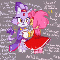 Size: 1000x1000 | Tagged: safe, artist:wikihowhowtoexist, amy rose, blaze the cat, cat, hedgehog, 2024, amy x blaze, amy's halterneck dress, blaze's tailcoat, cute, english text, female, females only, holding hands, lesbian, looking at them, shipping